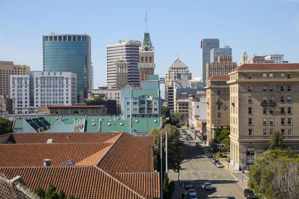 A view of the Oakland, California skyline in Downtown.
